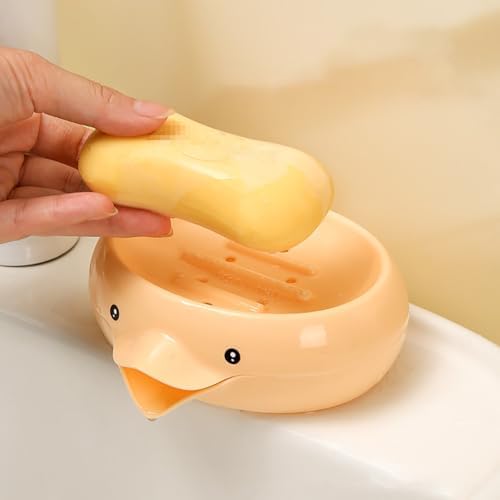 Cute Duck Soap Dish Self Draining Holder for Bathroom and Kitchen
