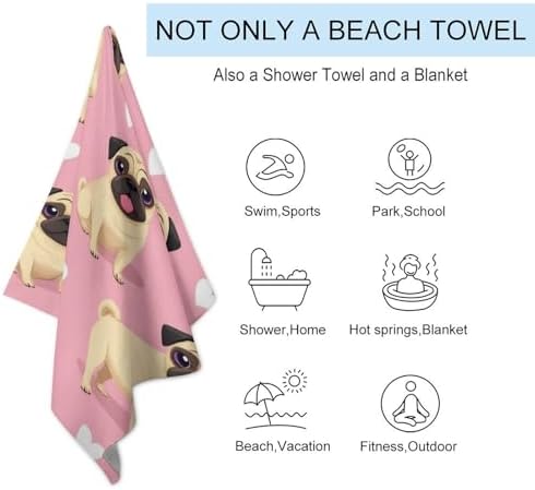 Lightweight Soft Beach Towels with Funny Cartoon Pugs
