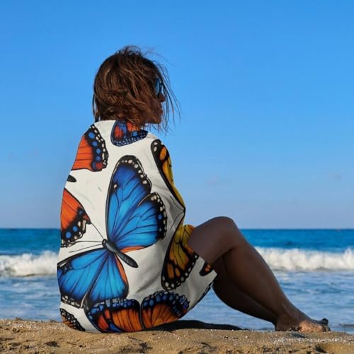 4SEE Premium Beach Towel with Blue Orange Butterflies Design