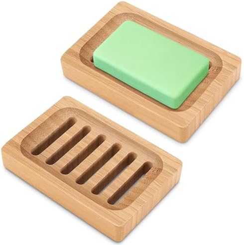 2Pcs Bamboo Soap Dish - Durable Eco-Friendly Holder for Bathroom Shower Kitchen