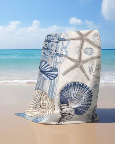 Farmhouse Ocean Microfiber Beach Towel with Shell Starfish Design