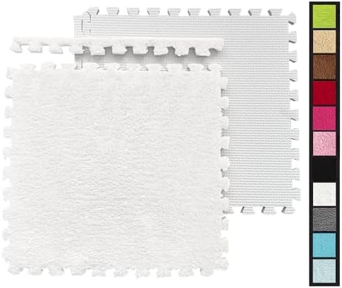 12 Pcs Shaggy Foam Carpet Tiles - Kids Room Mat 12x12 White