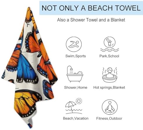 4SEE Premium Beach Towel with Blue Orange Butterflies Design
