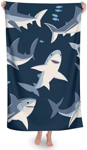 Extra Large Beach Towel with Blue Cartoon Shark Print