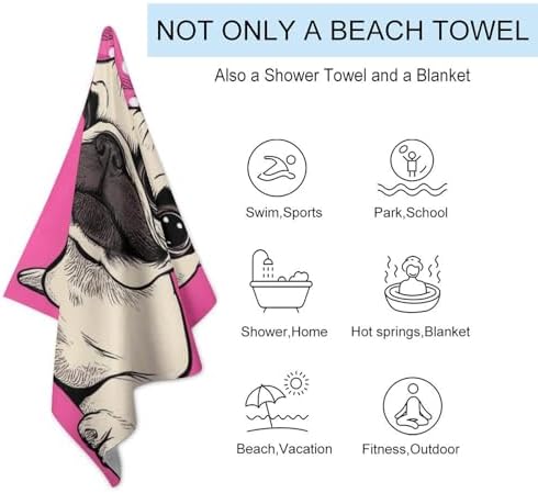 4SEE Lightweight Soft Pug Beach Towel Extra Large 51x31 Inches