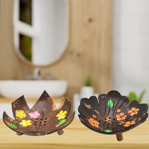 Coconut Shell Soap Dish with Flowers and Zig Zag Leaves 1