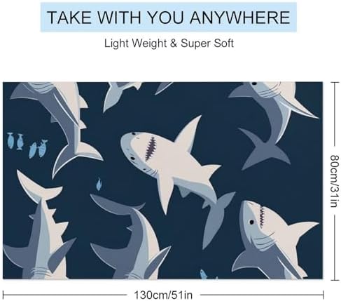 Extra Large Beach Towel with Blue Cartoon Shark Print