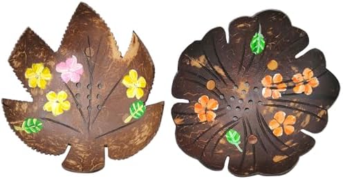 Coconut Shell Soap Dish with Flowers and Zig Zag Leaves 1
