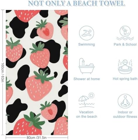 4SEE Pink Strawberry Cow Print Beach Towel for Women Men