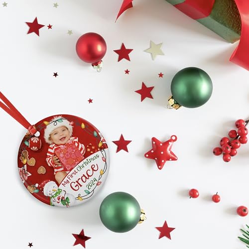 Custom Babys First Christmas Ornament 2024 with Photo Name