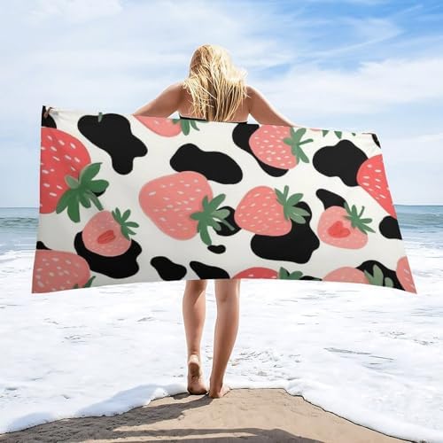 4SEE Pink Strawberry Cow Print Beach Towel for Women Men