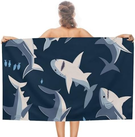Extra Large Beach Towel with Blue Cartoon Shark Print