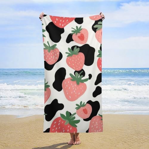 4SEE Pink Strawberry Cow Print Beach Towel for Women Men