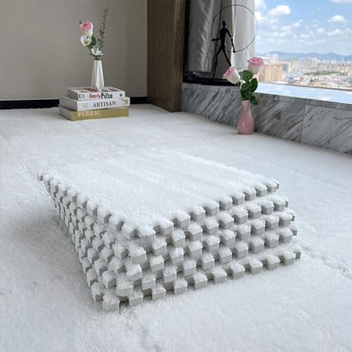12 Pcs Shaggy Foam Carpet Tiles - Kids Room Mat 12x12 White