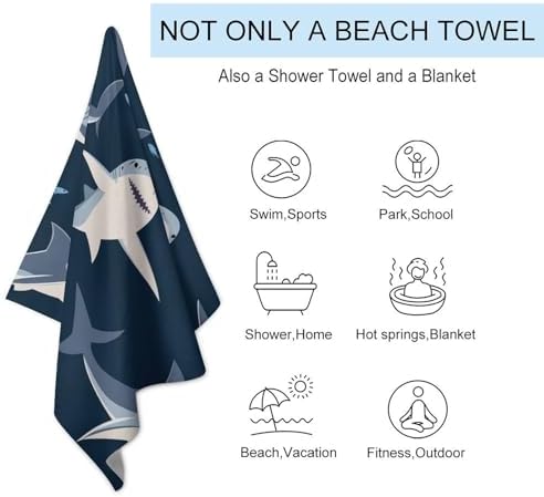 Extra Large Beach Towel with Blue Cartoon Shark Print