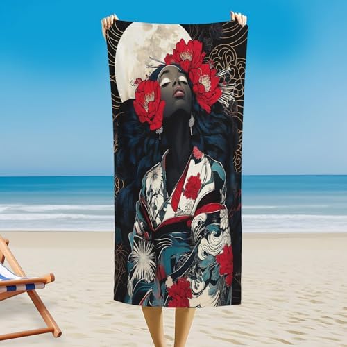 PolXmyxor Magnetic Beach Towel with Buckle Black Red Flowers 27x52