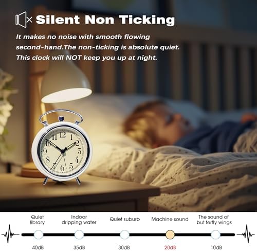 AYRELY 4 Super Loud Alarm Clock with Metal Bell and Night Light White