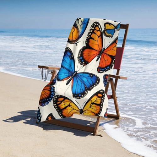 4SEE Premium Beach Towel with Blue Orange Butterflies Design