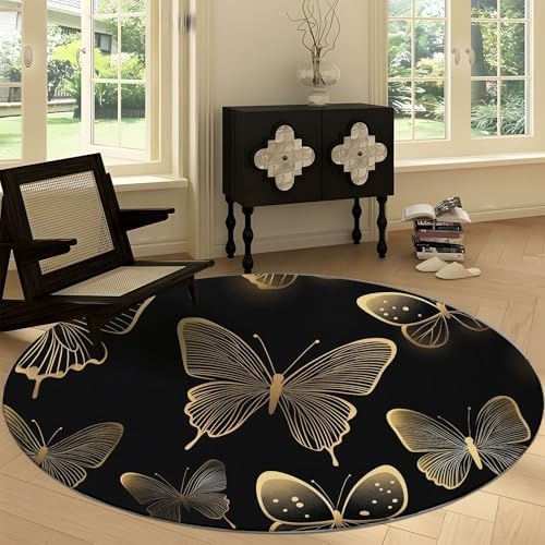 4ft Round Gold Butterfly Faux Wool Area Rug