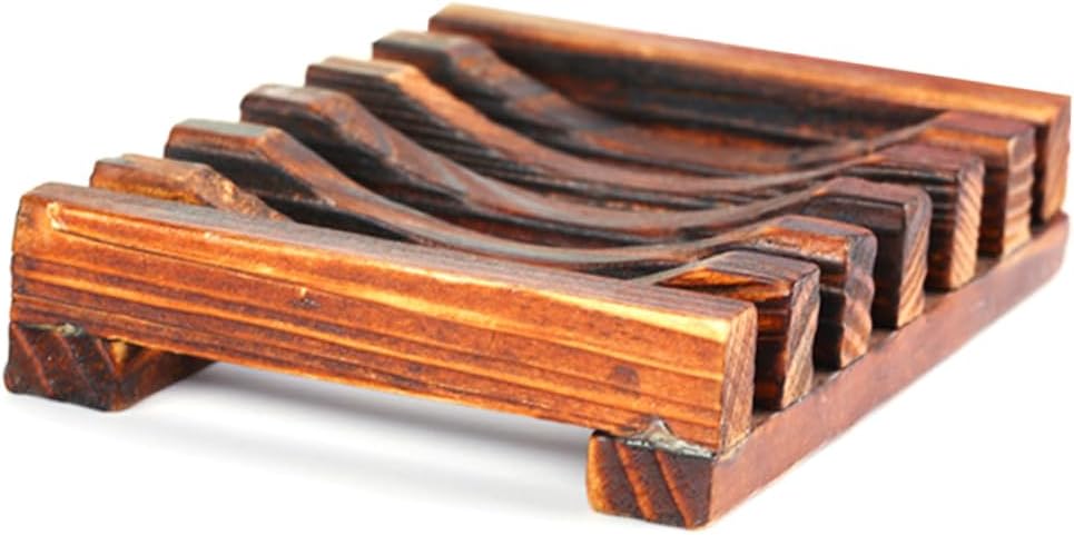 Mobestech 4PC Soap Holder Carbonized Wood Dish with Drainage