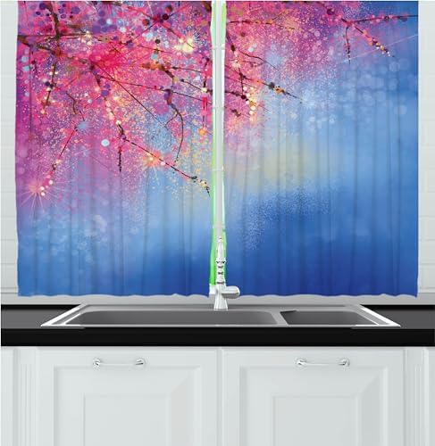 Ambesonne Flower Kitchen Curtains 55 x 30 Blue Pink