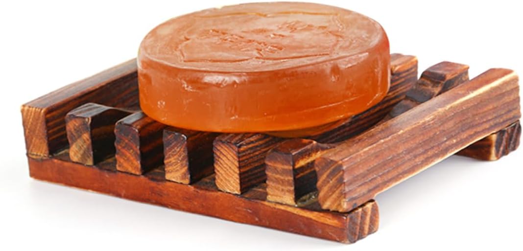Mobestech 4PC Soap Holder Carbonized Wood Dish with Drainage