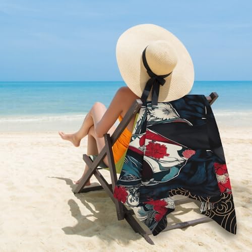 PolXmyxor Magnetic Beach Towel with Buckle Black Red Flowers 27x52
