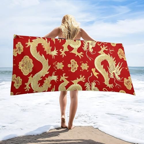 4SEE Super Soft Red Chinese Dragon Floral Beach Towel