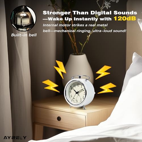 AYRELY 4 Super Loud Alarm Clock with Metal Bell and Night Light White