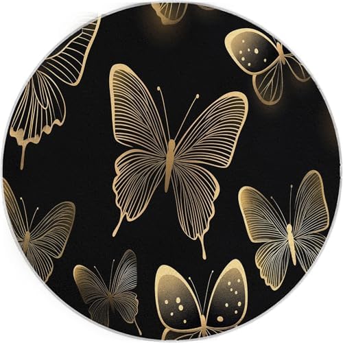 4ft Round Gold Butterfly Faux Wool Area Rug