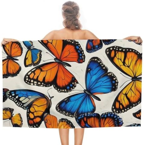 4SEE Premium Beach Towel with Blue Orange Butterflies Design