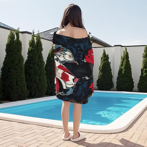 PolXmyxor Magnetic Beach Towel with Buckle Black Red Flowers 27x52