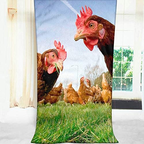 Funny Chicken Bath Towel with Green Grass Pattern
