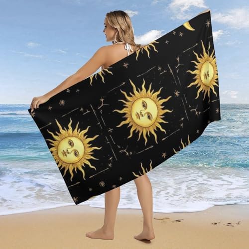 4SEE Beach Towel - Gold Sun Crescent Moon Star Design