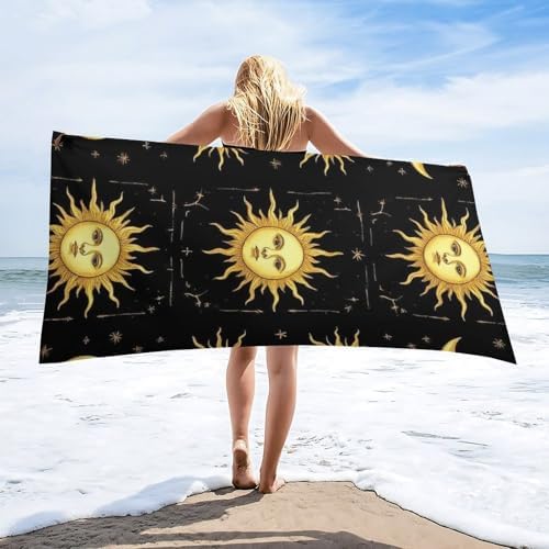 4SEE Beach Towel - Gold Sun Crescent Moon Star Design