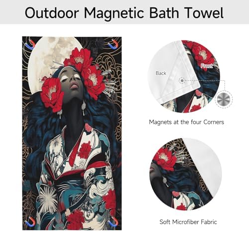PolXmyxor Magnetic Beach Towel with Buckle Black Red Flowers 27x52