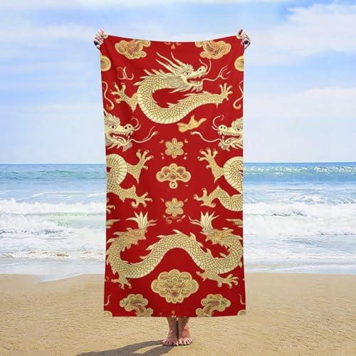 4SEE Super Soft Red Chinese Dragon Floral Beach Towel