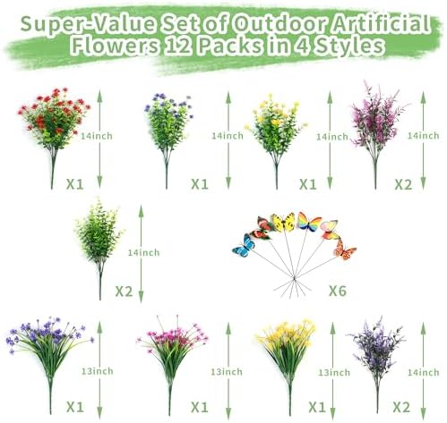 12 Bundles Artificial Flowers for Outdoor Decor