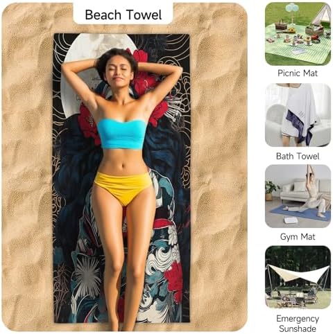 PolXmyxor Magnetic Beach Towel with Buckle Black Red Flowers 27x52