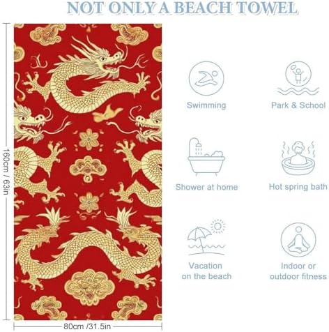 4SEE Super Soft Red Chinese Dragon Floral Beach Towel