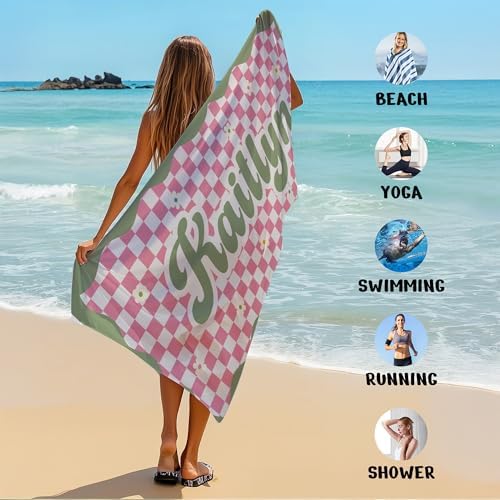 Personalized Beach Towel with Name and Custom Flower Design