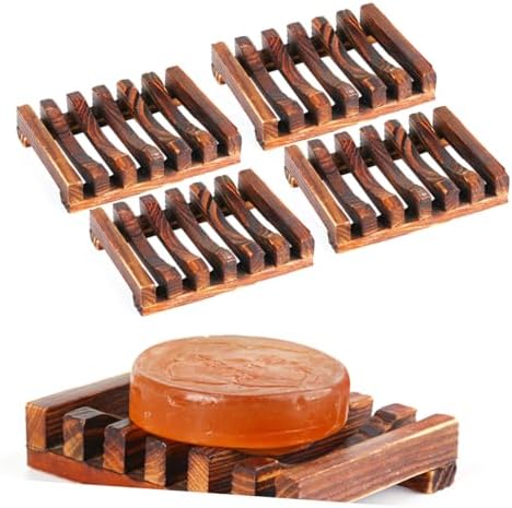 SOLUSTRE 4PC Carbonized Wooden Soap Dish Holder