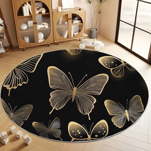 4ft Round Gold Butterfly Faux Wool Area Rug