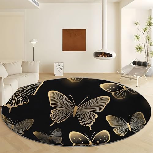 4ft Round Gold Butterfly Faux Wool Area Rug