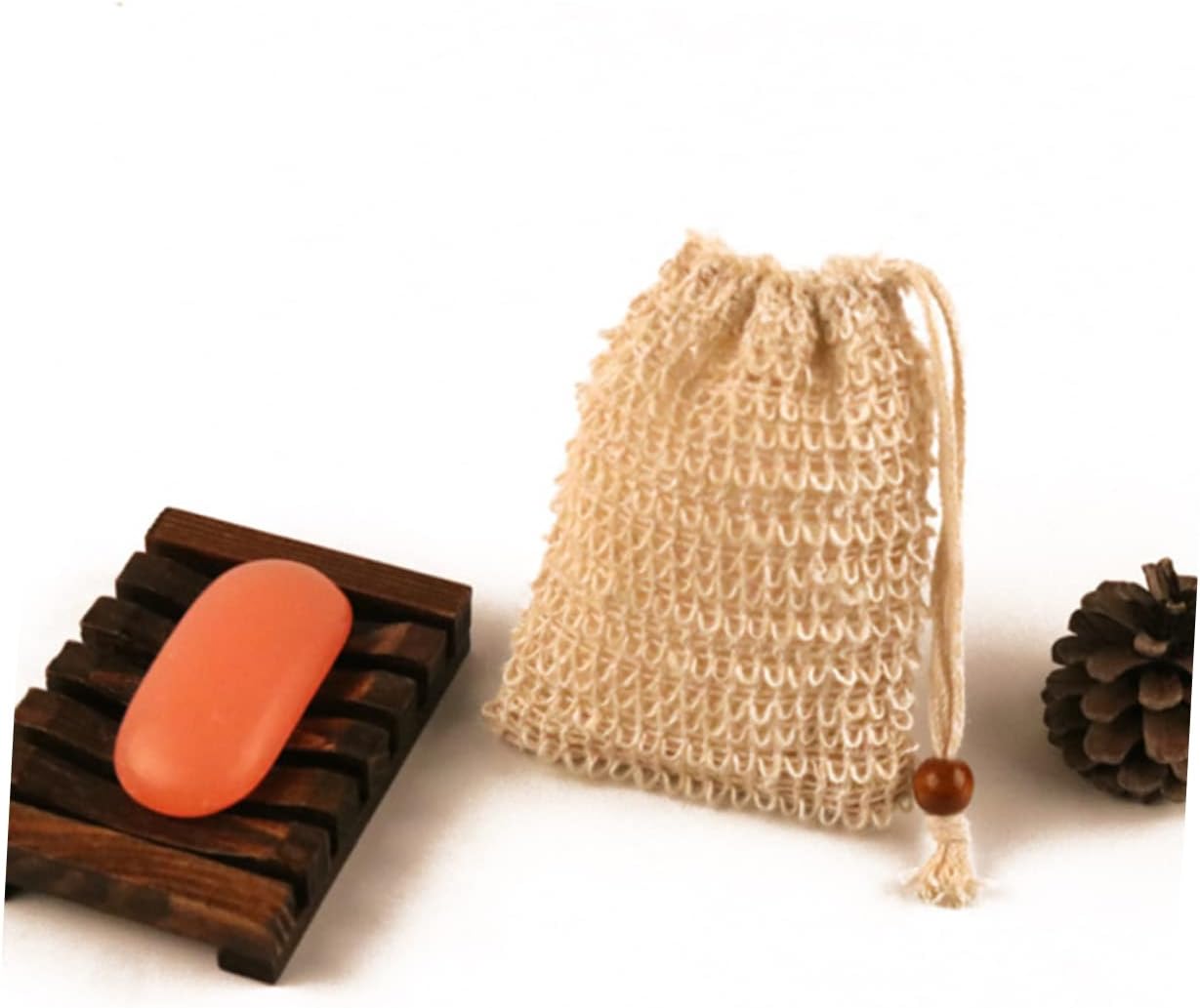 Anneome Linen Soap Bag with Wooden Net for Exfoliating and Storage