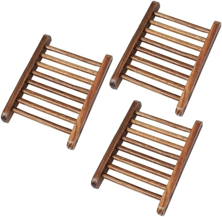 3 Pcs Natural Wooden Soap Dish Holder with Drainage