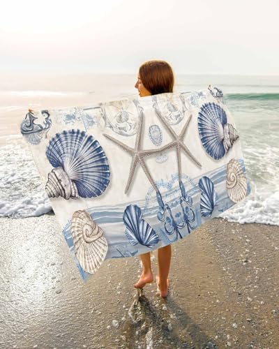 Farmhouse Ocean Microfiber Beach Towel with Shell Starfish Design