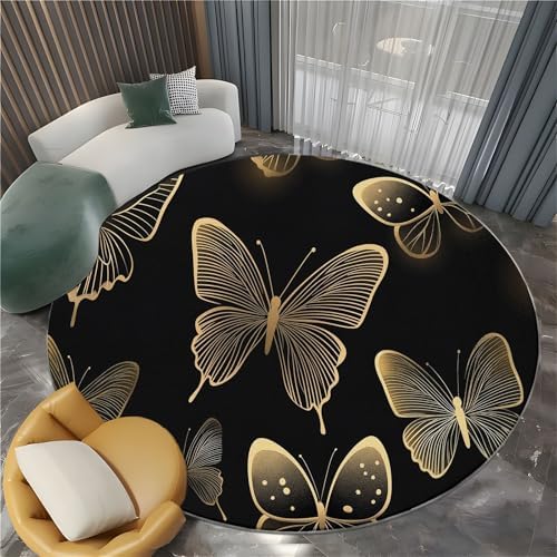 4ft Round Gold Butterfly Faux Wool Area Rug