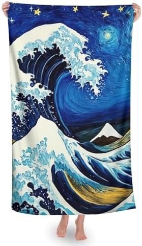 Quick Dry Oversize Bath Towel with Ocean Wave Starry Sky Design