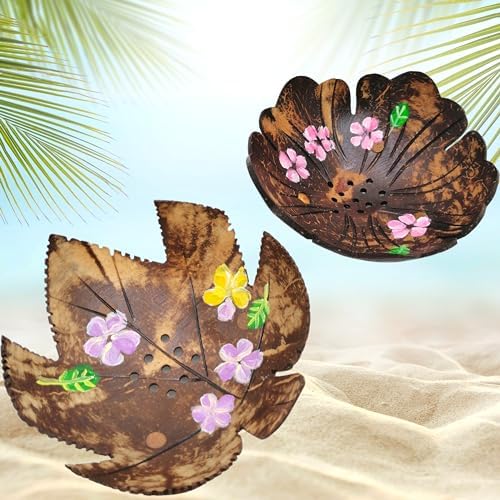 Coconut Shell Soap Dish with Flowers and Zig Zag Leaves 1